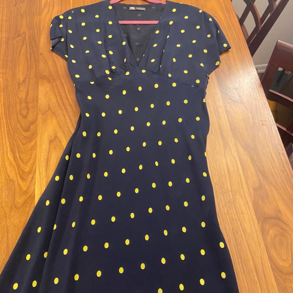 Zara Navy & Yellow Polkadot Midi Dress (Medium)